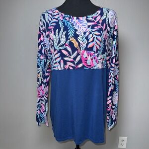 Lilly Pulitzer Womens Tropical Leaf Print Colorblock Long Sleeve Top Navy Blue L